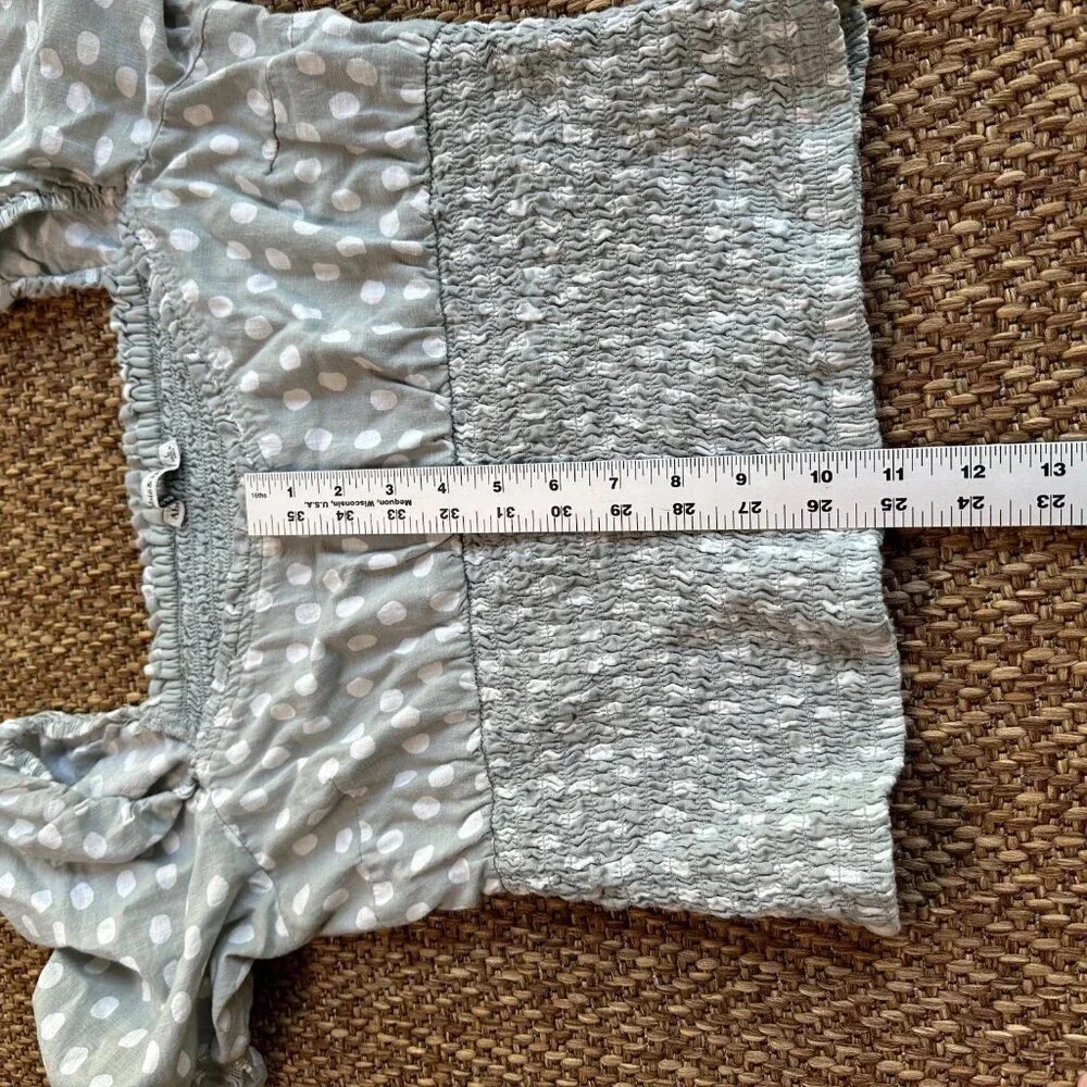 Abercrombie & Fitch Dot Smocked Crop Puff Sleeve Sage Blue Green Top Size Large